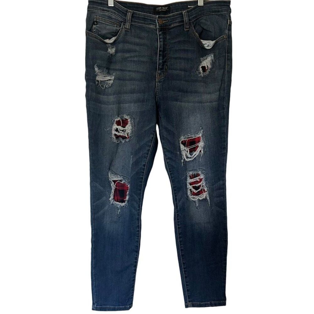 Judy Blue Skinny Fit Flannel Ripped Cut Out Stretch Jeans Womens Plus 1X